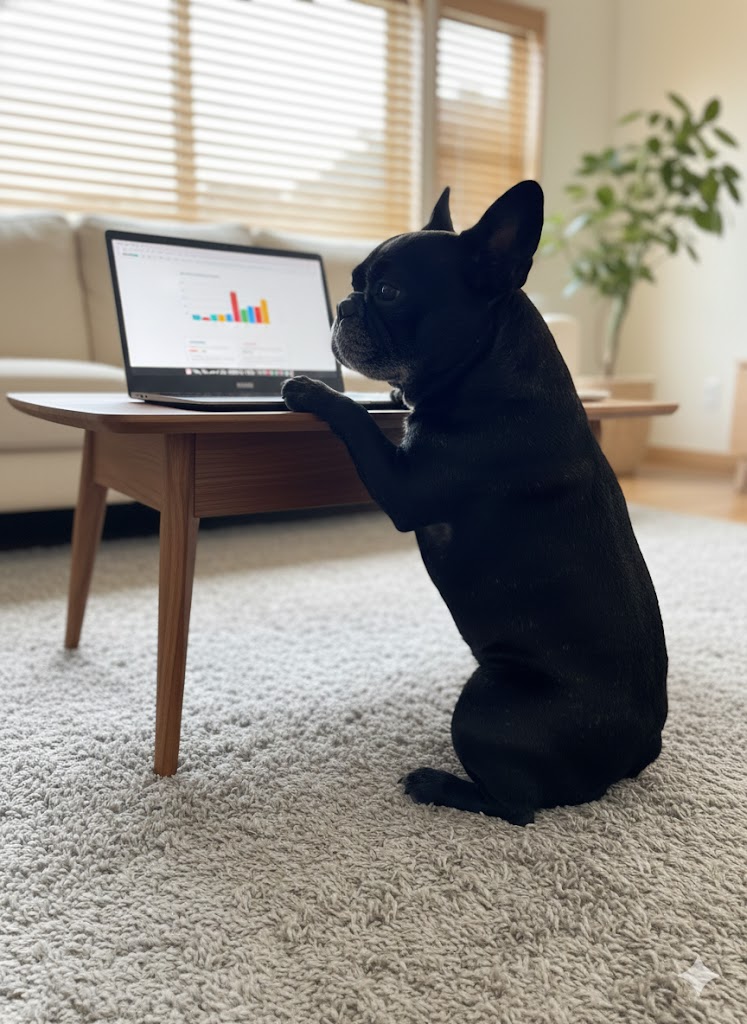 AIで作ったフレンチブルドッグ八朔がパソコンに向かっている画像